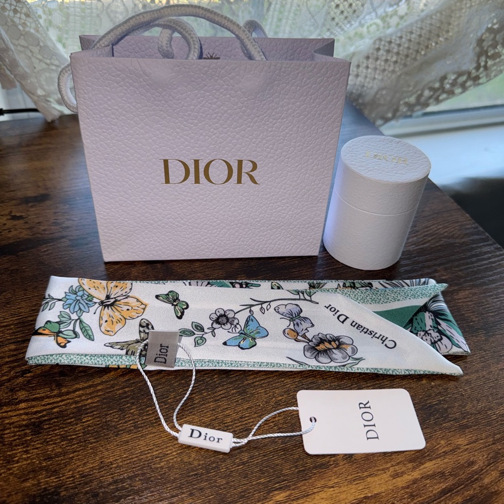 Dior Silk Twilly Scarf - White and Green Floral